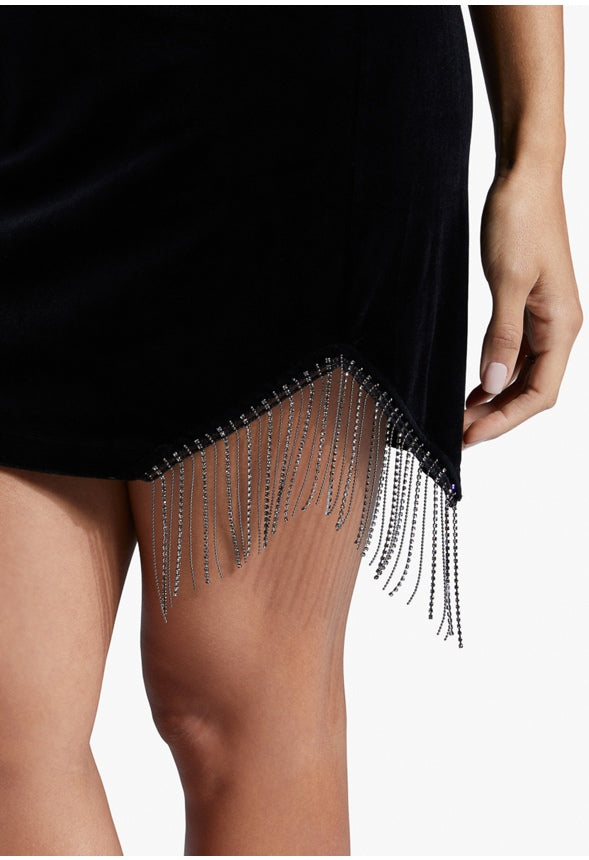 RHINESTONE FRINGE VELVET DRESS Caviar