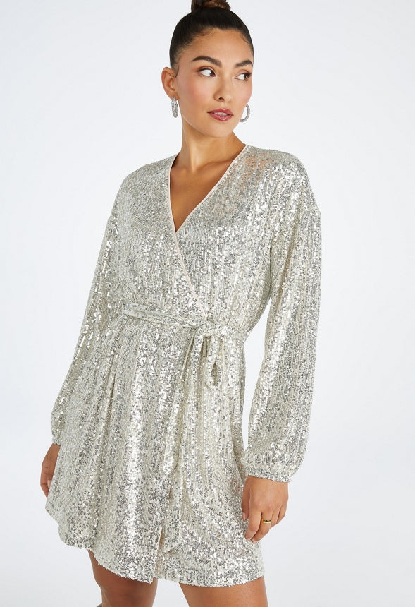 Sequin Wrap Mini Dress Silver