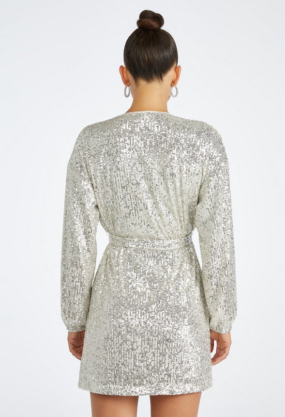 Sequin Wrap Mini Dress Silver