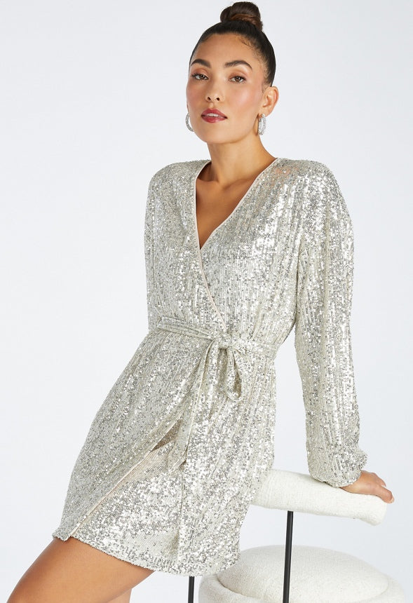 Sequin Wrap Mini Dress Silver