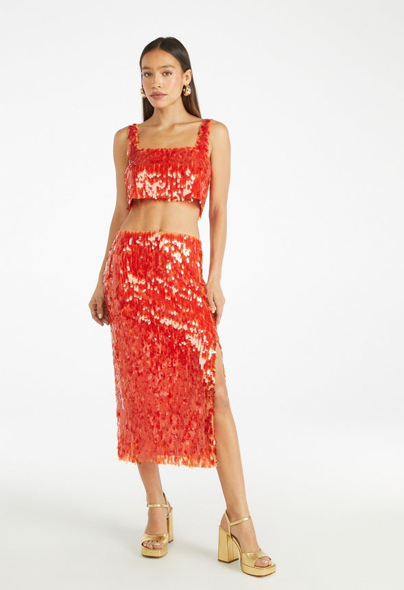 Party Sequin Top and Skirt Set Orange Sequin