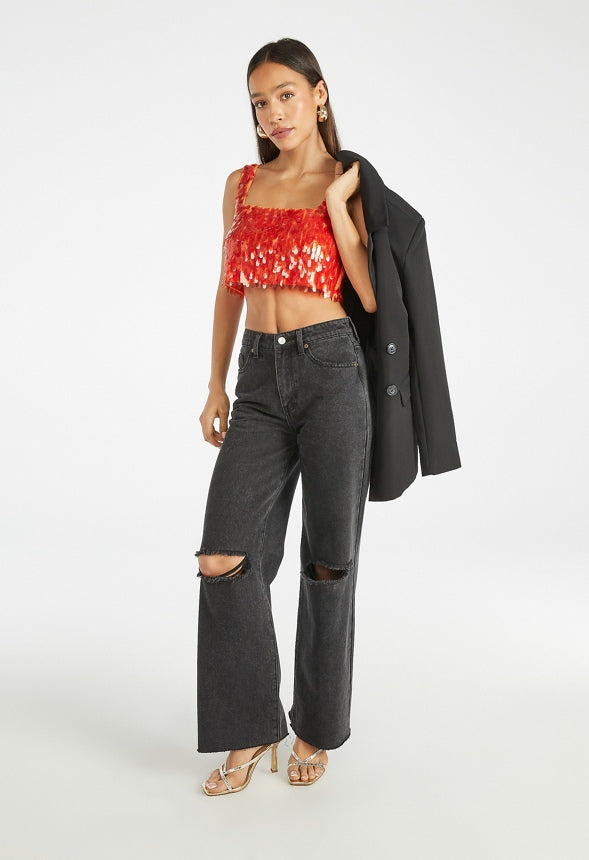 Party Sequin Top and Skirt Set Orange Sequin