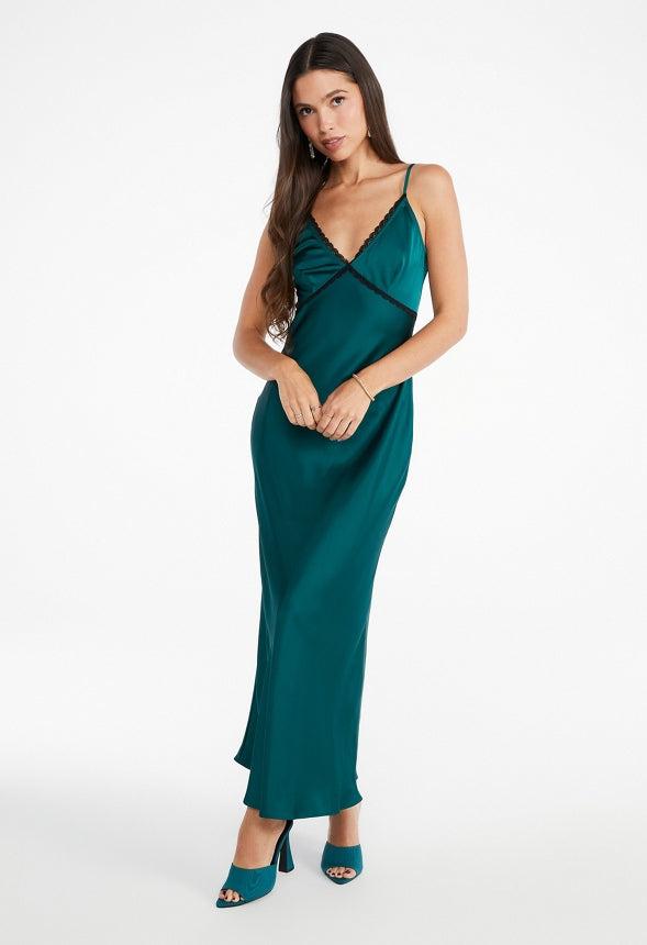 Lace Trim Maxi Slip Dress Rainforest Green