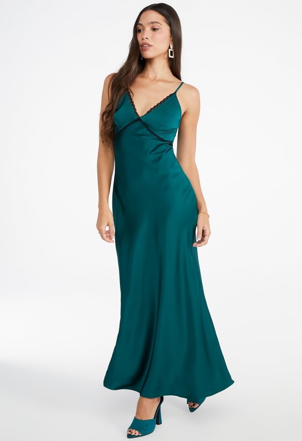 Lace Trim Maxi Slip Dress Rainforest Green