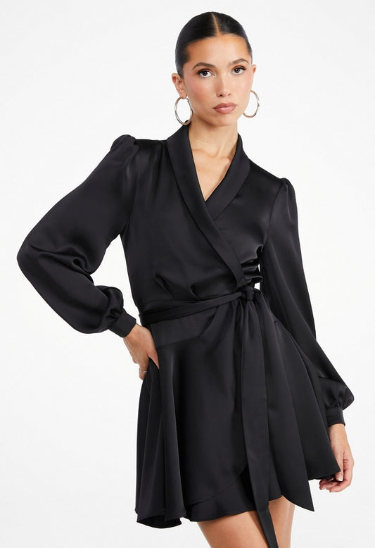 Satin Wrap Mini Dress Black Caviar