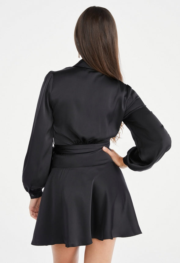 Satin Wrap Mini Dress Black Caviar
