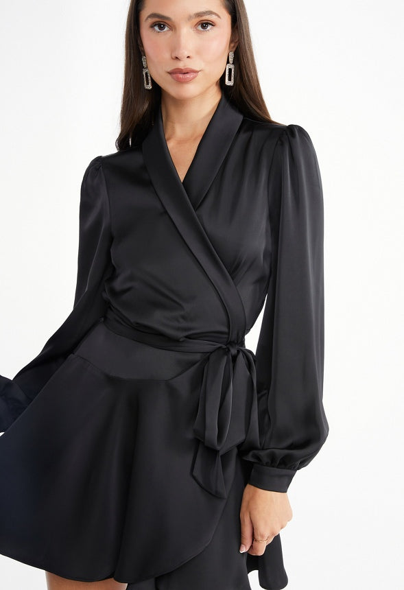 Satin Wrap Mini Dress Black Caviar