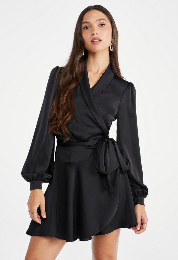 Satin Wrap Mini Dress Black Caviar