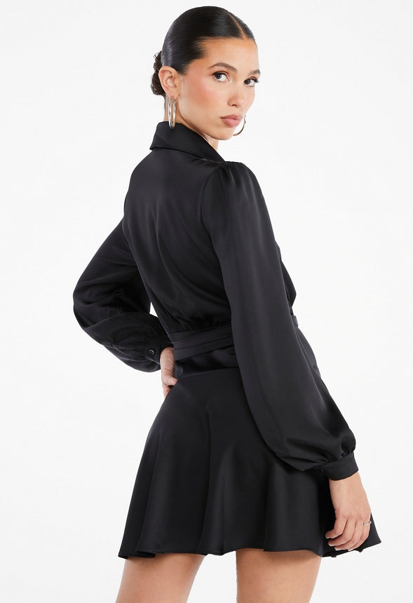 Satin Wrap Mini Dress Black Caviar