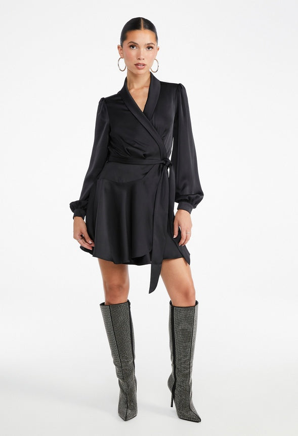 Satin Wrap Mini Dress Black Caviar