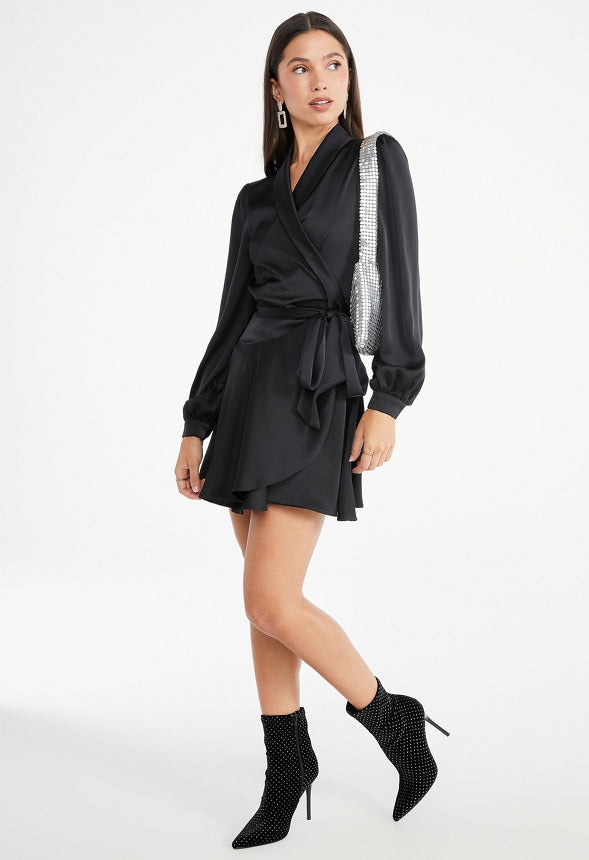 Satin Wrap Mini Dress Black Caviar