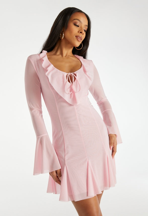 Ruffle Long Sleeve Mini Dress Light Rose