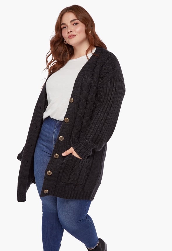 Plus Size Textured Boyfriend Cardigan Caviar