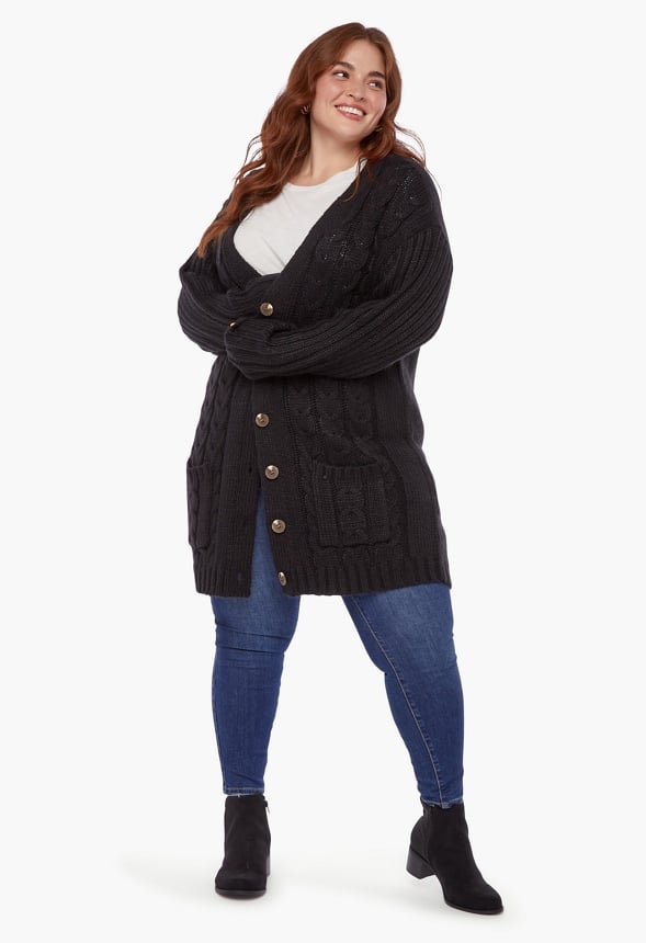 Plus Size Textured Boyfriend Cardigan Caviar