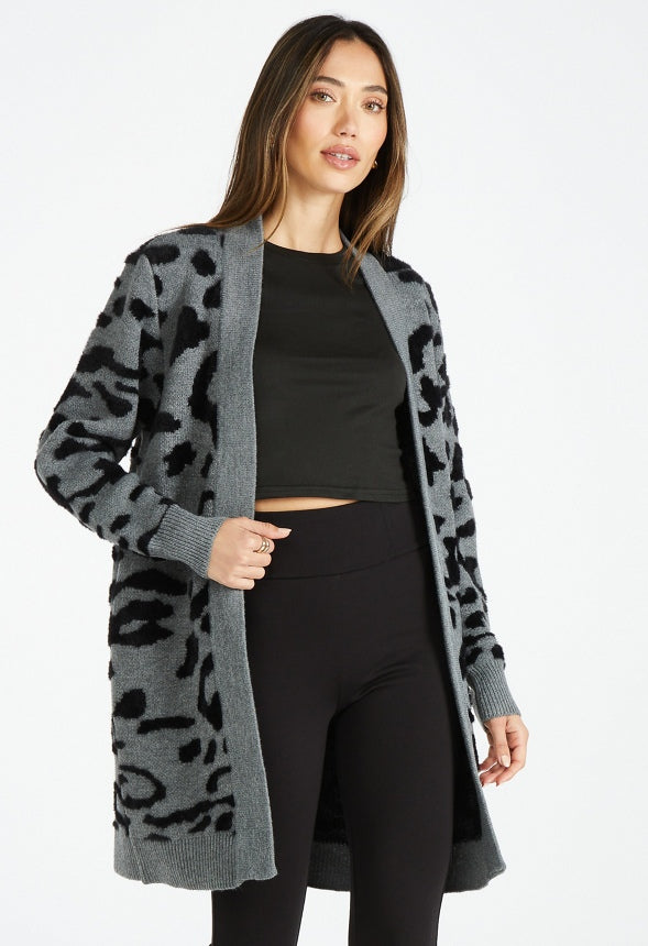 Leopard Fuzzy Jacquard Cardigan Grey Leopard