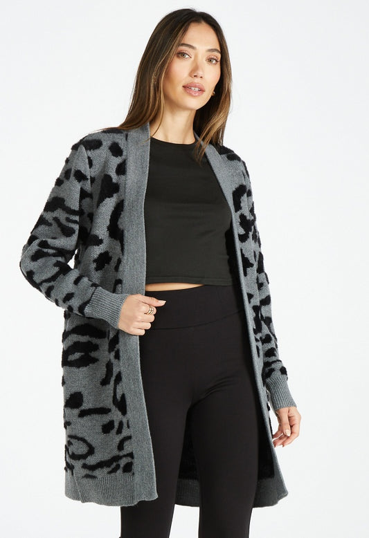 Leopard Fuzzy Jacquard Cardigan Grey Leopard