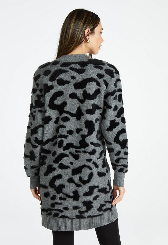 Leopard Fuzzy Jacquard Cardigan Grey Leopard