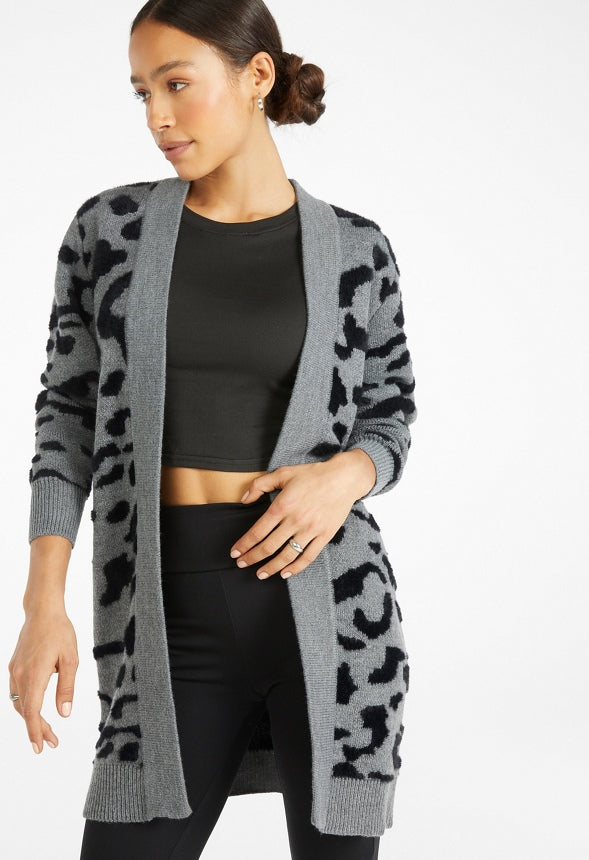 Leopard Fuzzy Jacquard Cardigan Grey Leopard