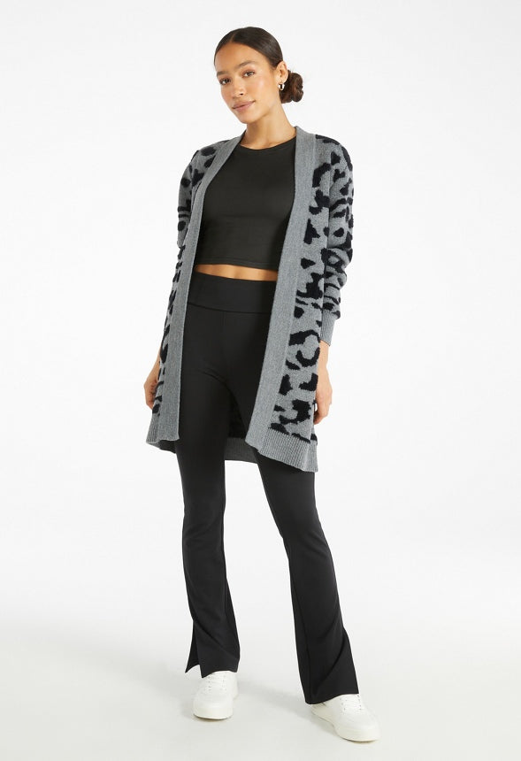Leopard Fuzzy Jacquard Cardigan Grey Leopard