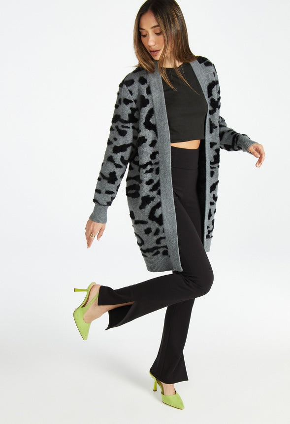 Leopard Fuzzy Jacquard Cardigan Grey Leopard