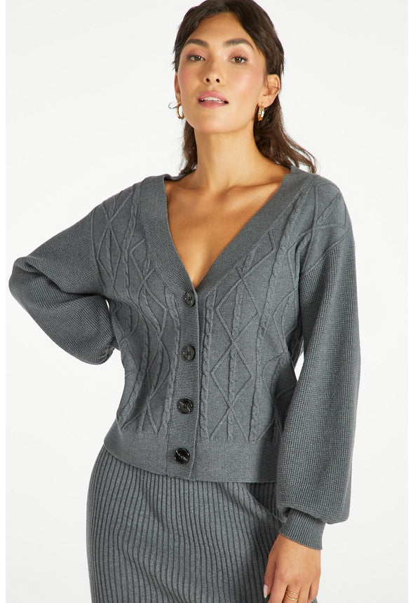 Cable Boxy Short Cardigan Charcoal