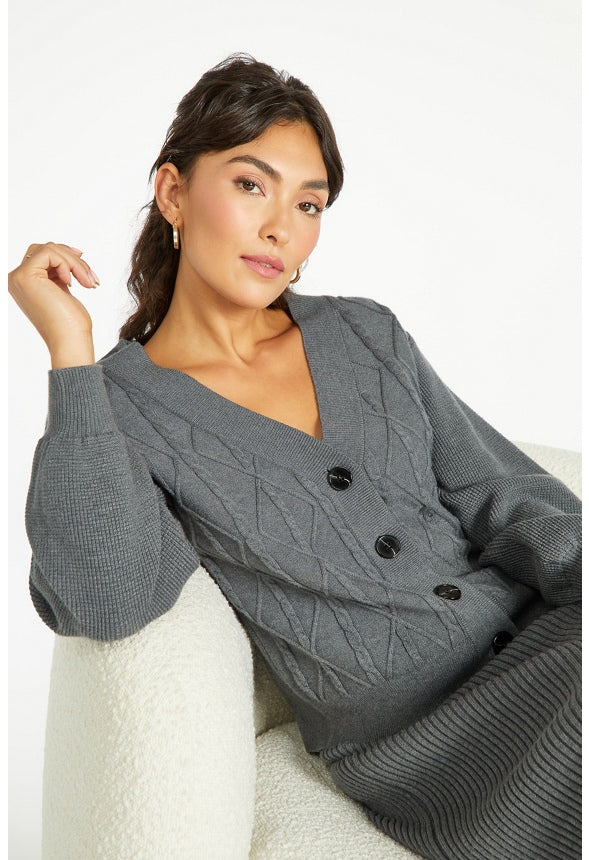 Cable Boxy Short Cardigan Charcoal