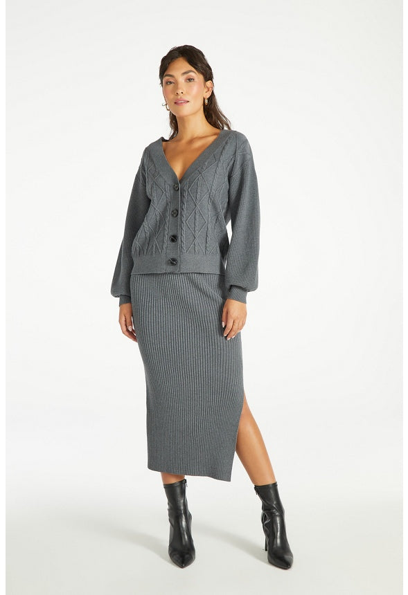 Cable Boxy Short Cardigan Charcoal