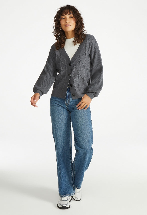Cable Boxy Short Cardigan Charcoal