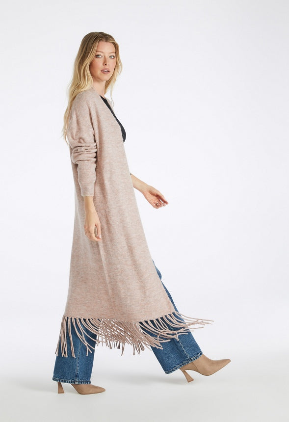 Fringe Duster Cardigan Warm Taupe Heather