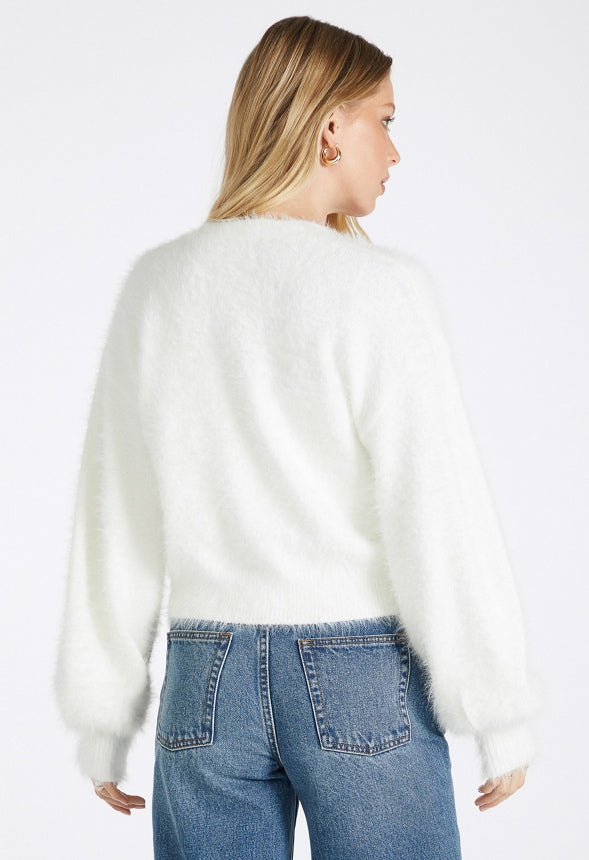 Fuzzy Blouson Long Sleeve Cardigan Bright White