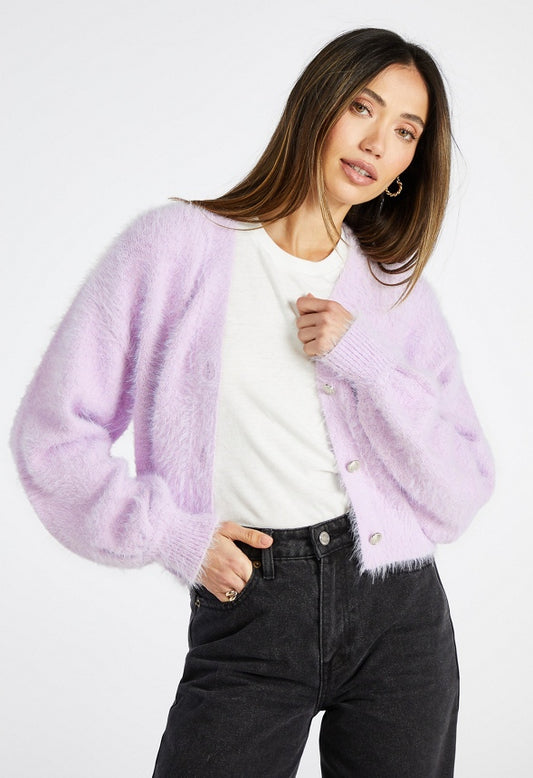 Fuzzy Blouson Long Sleeve Cardigan Lilac