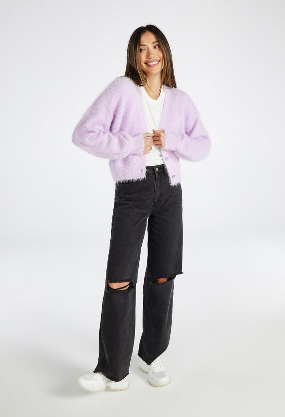 Fuzzy Blouson Long Sleeve Cardigan Lilac