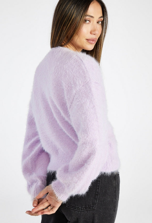 Fuzzy Blouson Long Sleeve Cardigan Lilac