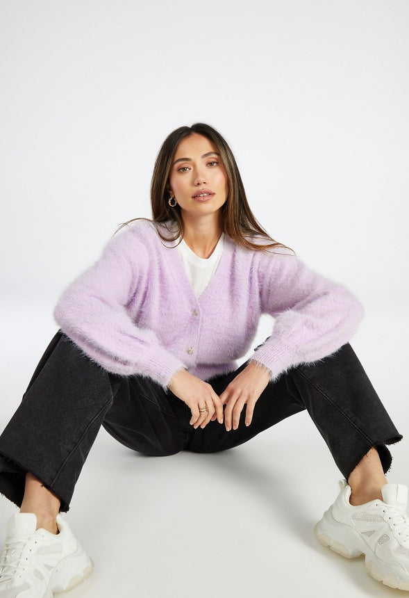 Fuzzy Blouson Long Sleeve Cardigan Lilac