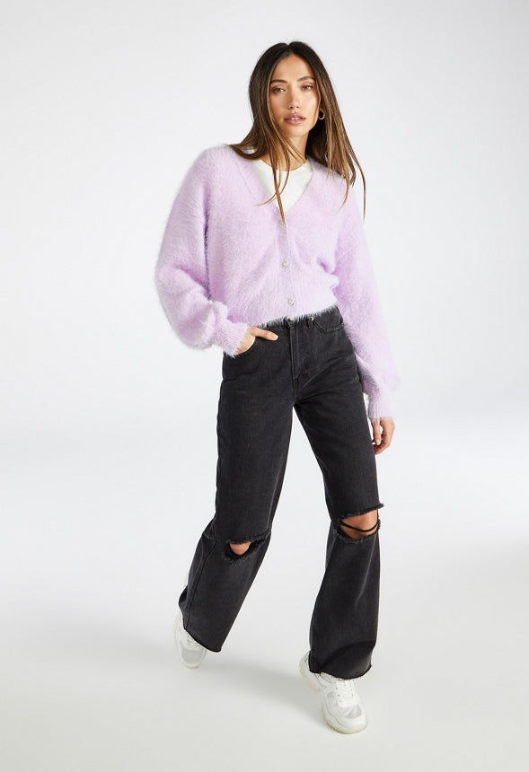 Fuzzy Blouson Long Sleeve Cardigan Lilac