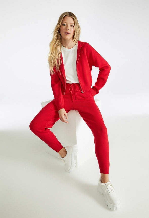Cropped Hoodie Zip Sweater Salsa Red