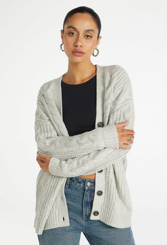 Cable Boyfriend Cardigan Light Heather Grey
