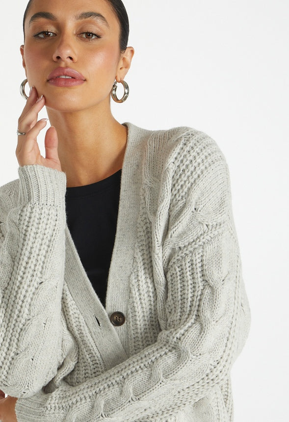 Cable Boyfriend Cardigan Light Heather Grey