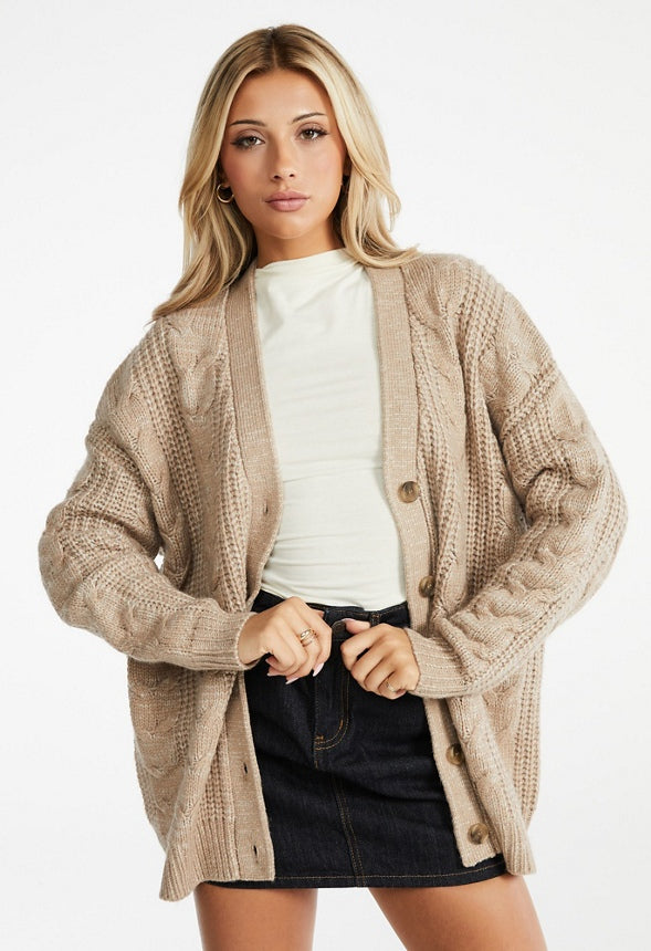 Cable Boyfriend Cardigan Oatmeal Heather