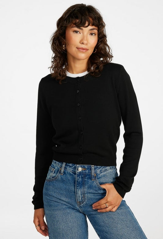Cropped Fine Knit Cardigan Black Caviar