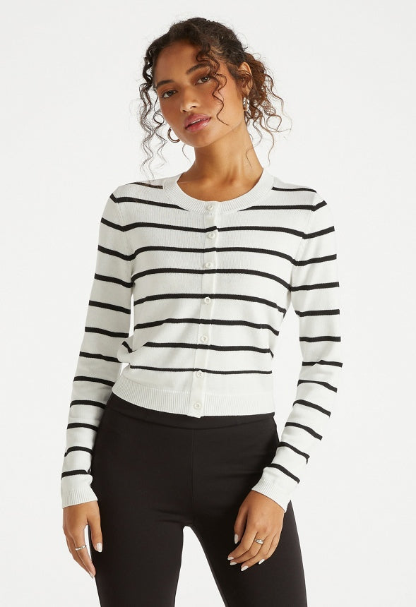 Cropped Fine Knit Cardigan Black/ White Stripe