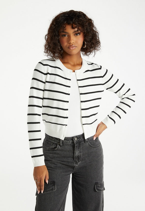 Cropped Fine Knit Cardigan Black/ White Stripe