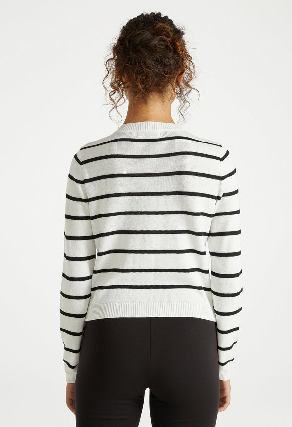 Cropped Fine Knit Cardigan Black/ White Stripe
