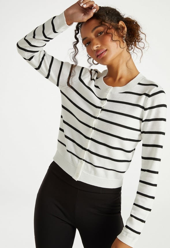 Cropped Fine Knit Cardigan Black/ White Stripe