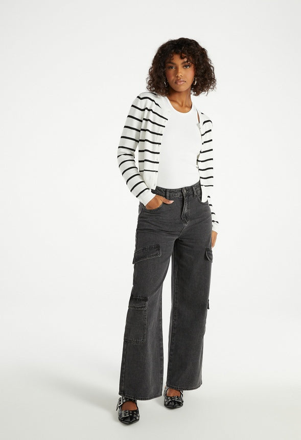 Cropped Fine Knit Cardigan Black/ White Stripe