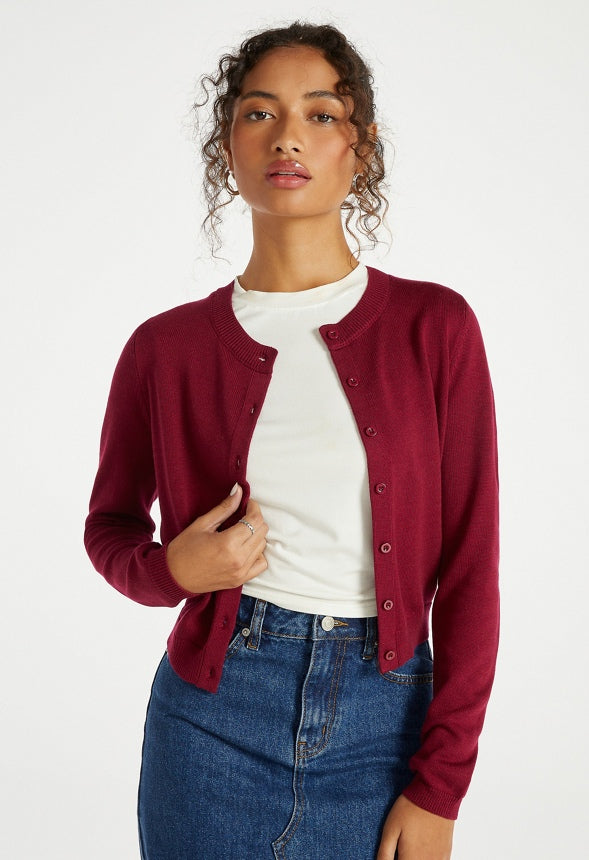 Cropped Fine Knit Cardigan Cabernet Red
