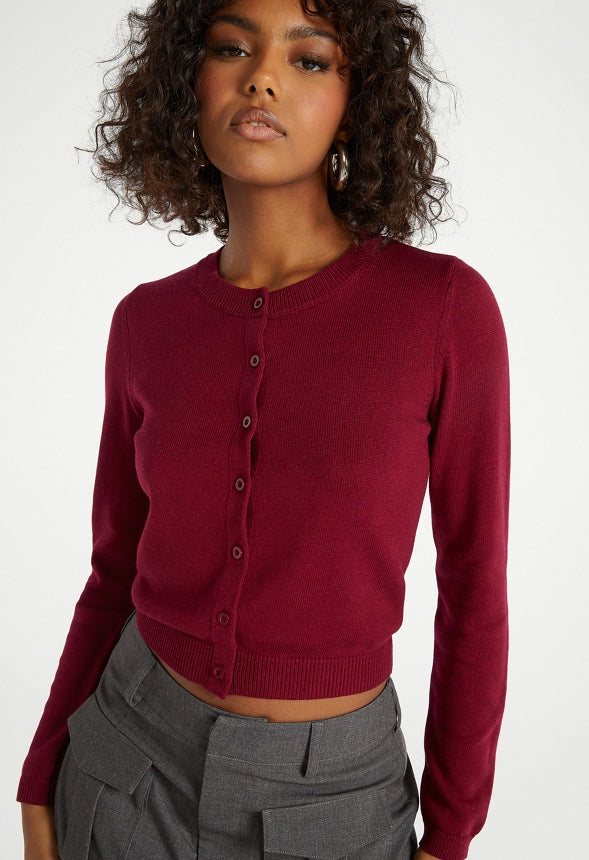 Cropped Fine Knit Cardigan Cabernet Red