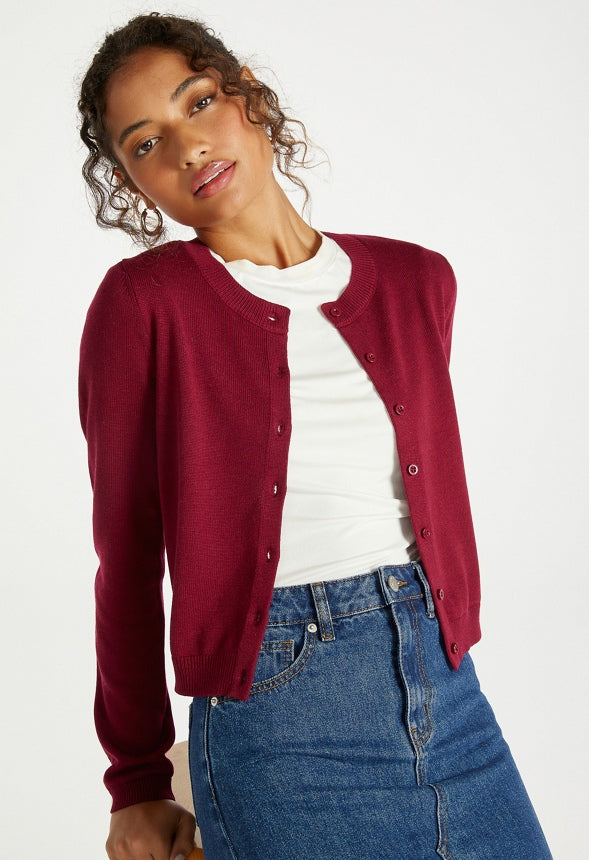 Cropped Fine Knit Cardigan Cabernet Red