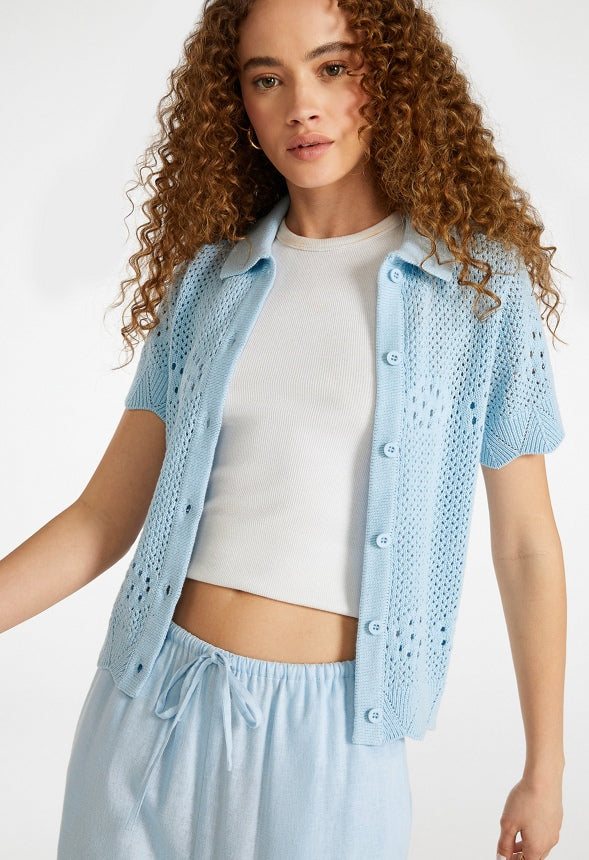 Crochet Button Up Shirt Skyway Blue