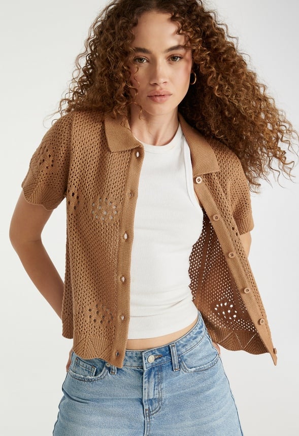 Crochet Button Up Shirt Taupe